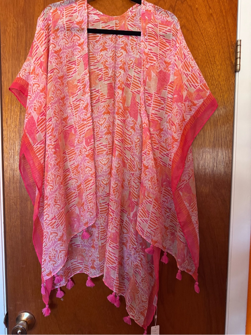 Lightweight Pink Printed Kimono Cover-Up with Tassel Trim